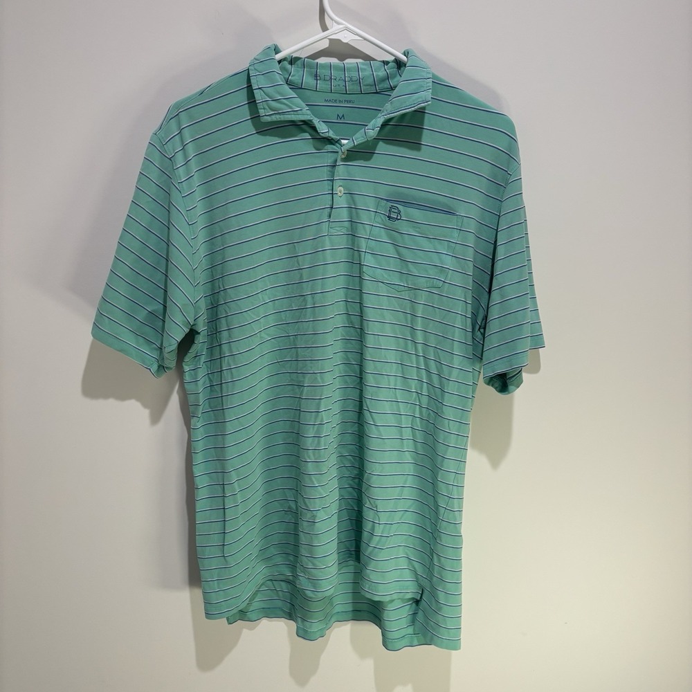 B. Draddy  Golf Polo Shirt Men's Size Medium Green‎ / Blue / White Striped Pima